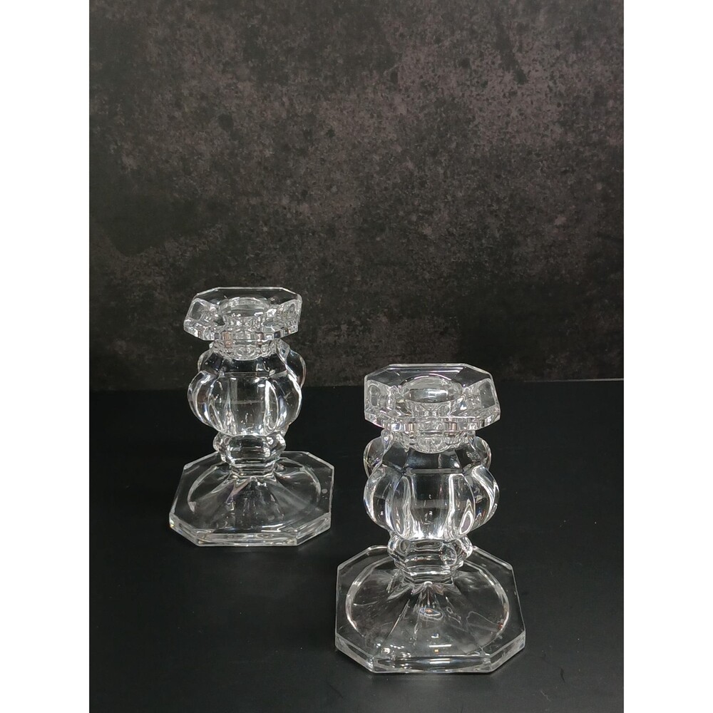 Crystal Glass Candlestick Holders Set 2 Faceted 3.875" Tall Elegant Vintage Pair